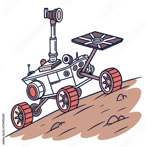A whimsical cartoon illustration of a mars rover with large wheels exploring a rocky extraterrestrial surface with a white background