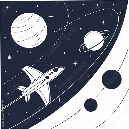 Whimsical cartoon airplane soars through a starry night sky past planets and saturn like rings in a cosmic adventure