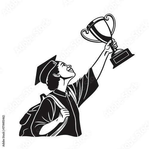 Triumphant graduate with a backpack and cap celebrating educational achievement by raising a winner's trophy. Academic success concept vector icon