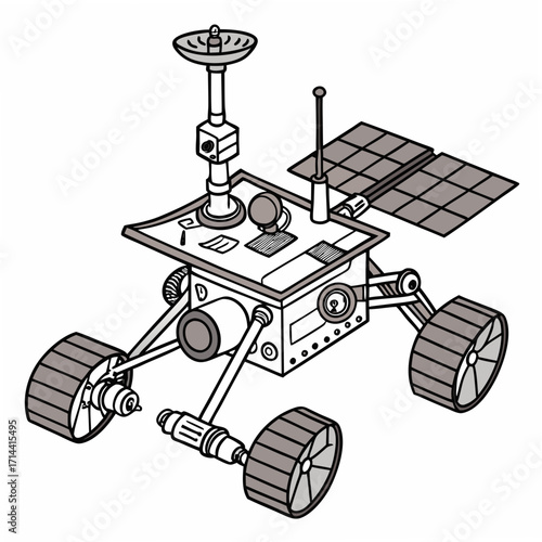 Stylized line art illustration of a mars rover with solar panels and antenna exploring an alien planet surface with a white background