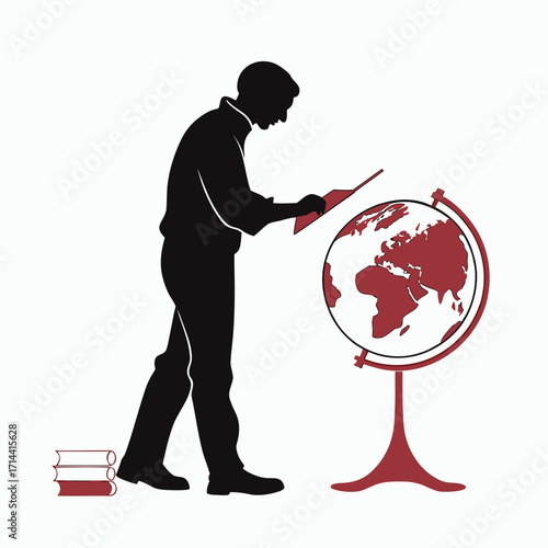 Silhouette of a person studying a globe, examining a map, with a stack of books, ideal for educational contexts