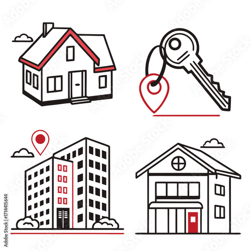 Set of stylized icons representing real estate concepts including a house key with location pin a detached house an apartment building and a two story home