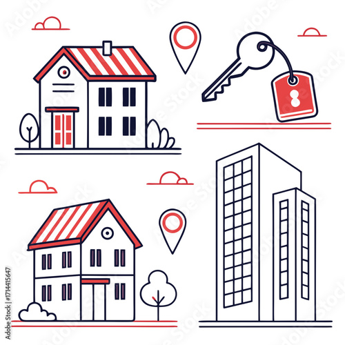 Collection of stylized line art illustrations depicting houses apartments a key with a tag and location pins representing real estate concepts