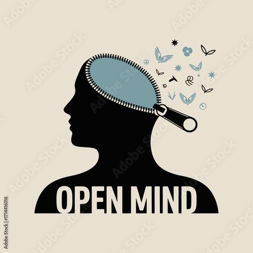 Symbolic representation of an open mind and releasing ideas with a zipper opening on a silhouette head conceptual concept vector