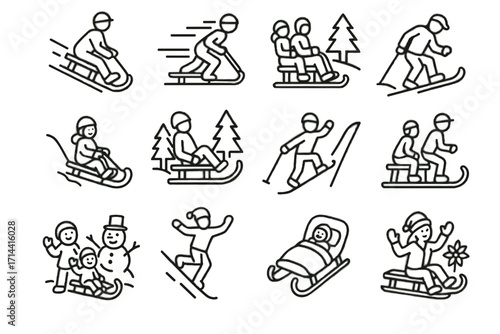 Activity family hill sledding festive vector icon play fun sled jumping icons