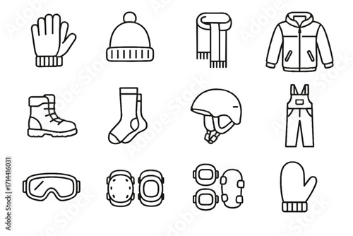 Warm hat icon scarf sledding vector thermal pads boots winter gear elbow