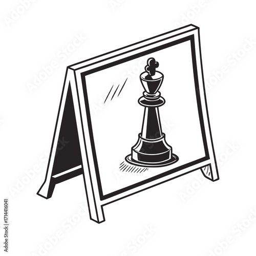 Vector silhouette of a king chess piece on a blackboard A-frame, a concept for marketing, victory, and tactics