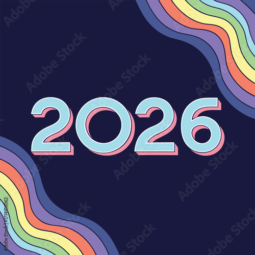Retro Style 2026 New Year Design with Rainbow Waves and a Dark Blue Background for a Nostalgic Celebration