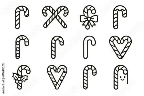 Patterned cane miniature festive holly curved candy icons frosted icon vector