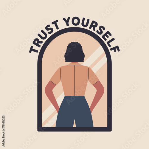Silhouette of a confident woman looking into a mirror reflecting inner strength and self belief motivational phrase vector