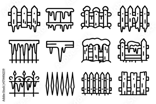 Metal frozen vector snowy posts icon heavy row railing fence icons