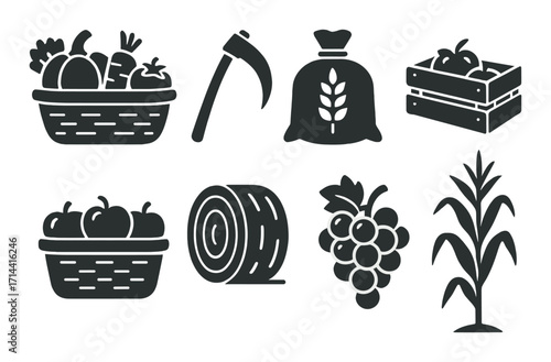 Agriculture silhouette icon set. featuring basket, scythe, sack, crate, apples, bale, grapes, corn