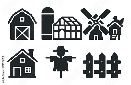 Farm silhouette icon set. featuring barn, silo, greenhouse, windmill, farmhouse, scarecrow, and fence designs