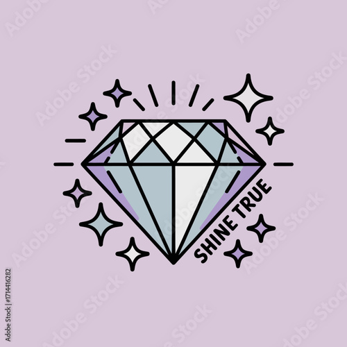 Sparkling diamond gemstone with "shine true" text surrounded by starbursts and twinkling lights emblem on a soft lavender backdrop representing luxury and authenticity vector