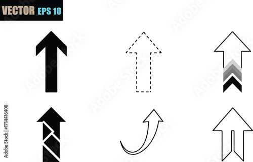 Collection of six distinct upward pointing arrow graphics featuring solid outlined dashed and patterned designs for directional and progress visualization