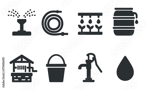 Gardening tools silhouette icon set. featuring sprinkler, hose, irrigation, rain barrel, greenhouse, bucket, water pump, droplet