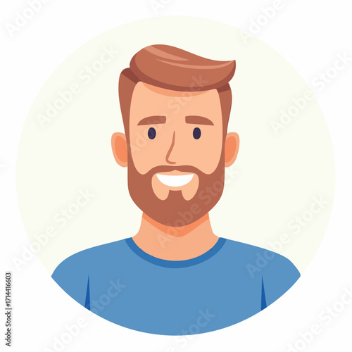 A cheerful bearded man with short brown hair, wearing a blue t-shirt, smiling in a circular portrait illustration, representing a friendly and approachable individual in digital media
