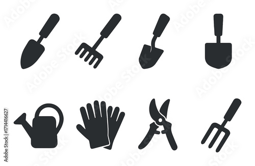 Gardening tools silhouette icon set. featuring trowel, rake, shovel, watering can, gloves, pruners, and fork symbols