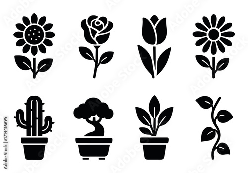 Gardening silhouette icon set. featuring sunflower, rose, tulip, daisy, cactus, bonsai, potted plant, creeping vine