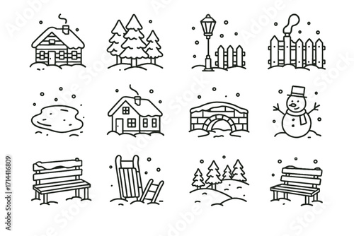 Small icon lanterns snowy vector icons rooftops trees pine snowmen pond village