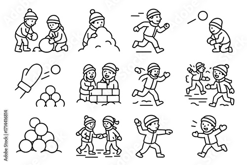 Joyful winter kids aiming fight snowball icons throwing snowballs vector icon snow