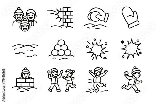 Vector icon running snowy group snowball fight pile winter away jumping icons