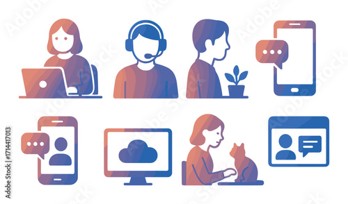 Communication and pets flat icon set. featuring laptop, headset, smartphone, plant, cloud, and chat symbols