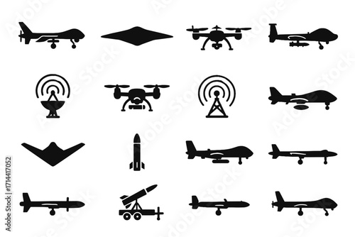 Drone drones combat military vector antenna target detection icon attack armed reconnaissance