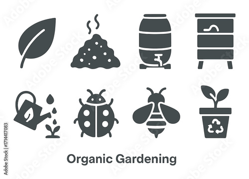 Organic gardening silhouette icon set. featuring leaf, compost, rain barrel, beehive, watering, ladybug, bee, and seedling symbols