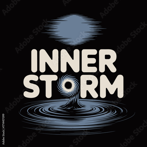 Inner storm text glitch effect calm water drop ripples abstract psychedelic design concept visual vector