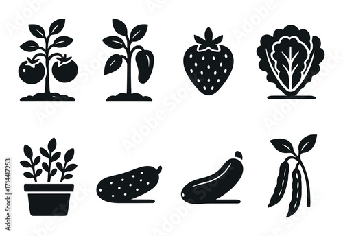 Gardening silhouette icons set. featuring tomato, pepper, strawberry, lettuce, basil, cucumber, zucchini, and beans
