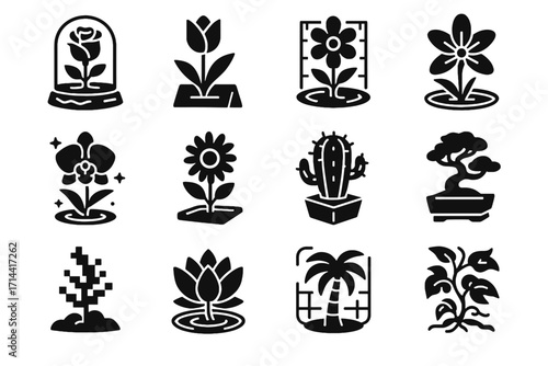 Vector bonsai futuristic glowing virtual tulip luminous icons holographic palm garden daisy