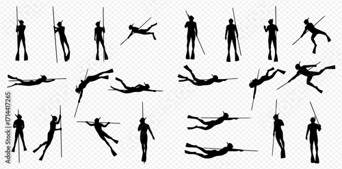 Silhouettes of spearfishing and freediving individuals in various dynamic poses, holding spearguns or spears, both standing and swimming underwater.