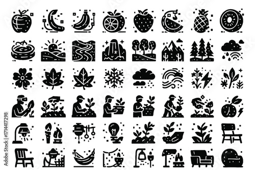 Luminous virtual banana garden orange pineapple plum icons kiwi holographic pear icon
