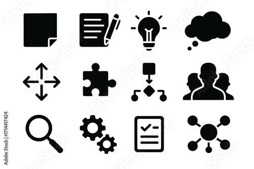 Idea working collection glass icons brainstorming gears paper connecting box icon cloud