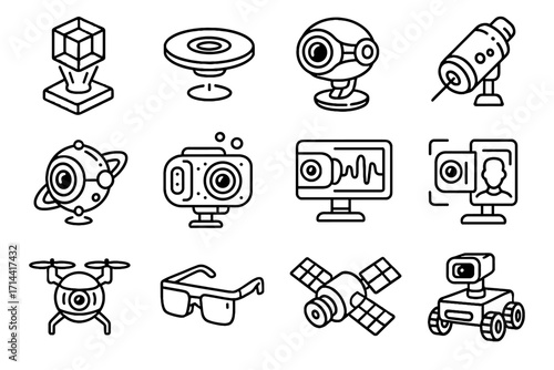 Vector cam ai futuristic icon biometric satellite floating lens camera glasses autonomous