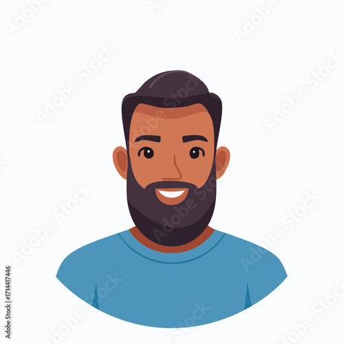 Smiling bearded man with dark skin, depicted in a modern flat vector illustration, conveying a friendly and approachable character for digital profiles and diverse representation