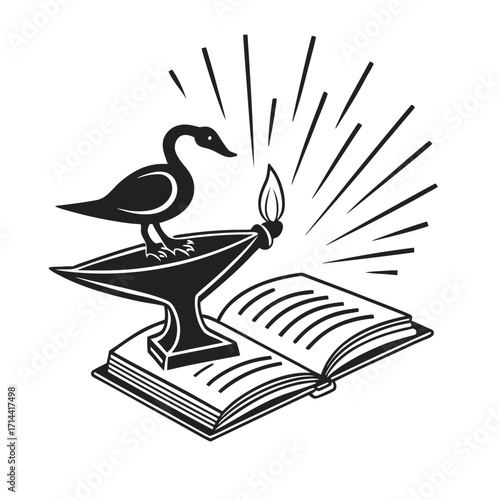 Black silhouette icon of an open book with a goose, a shining flame, and radiating sparkles, symbolizing knowledge, learning, and cultural enlightenment