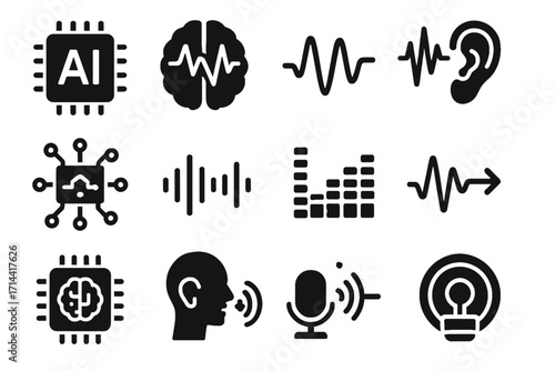 Ai sound voice brainwave equalizer icons sensor recognition symbol output icon listening