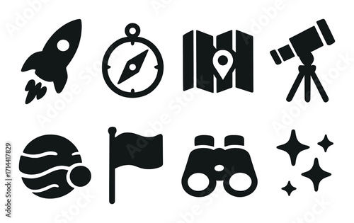 Space exploration silhouette icon set. featuring rocket, compass, map, telescope, planet, flag, binoculars, and stars