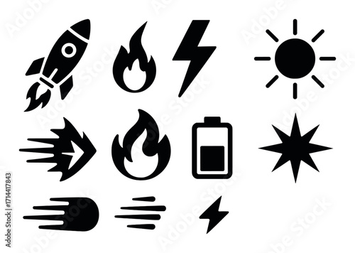 Space and energy silhouette icon set. featuring rocket, fire, lightning, sun, battery, and star symbols