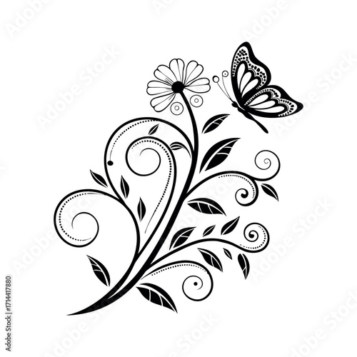 Abstract vintage floral vector art illustration featuring black ornate plant swirls and curl decorations on a decorative background