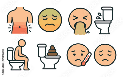 Health flat icon set. featuring stomachache, nausea, vomiting, diarrhea, constipation, fever, sadness