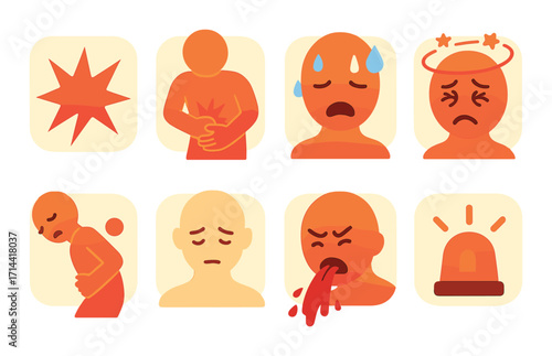 Health symptoms flat icon set. featuring stomachache, nausea, fatigue, headache, and dizziness symbols