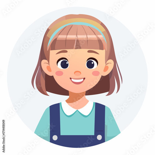 Smiling girl portrait in a circular frame, featuring brown hair, a headband, and a teal top
