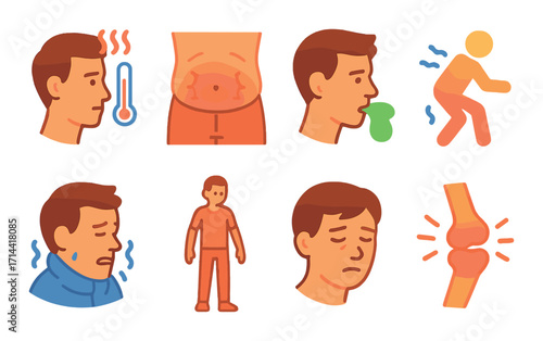 Health issues flat icon set. featuring fever, stomach pain, nausea, backache, cold, fatigue, joint pain
