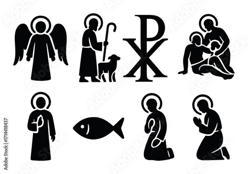 Christian symbols silhouette icon set. featuring angel, shepherd, chi-rho, good samaritan, fish, prayer