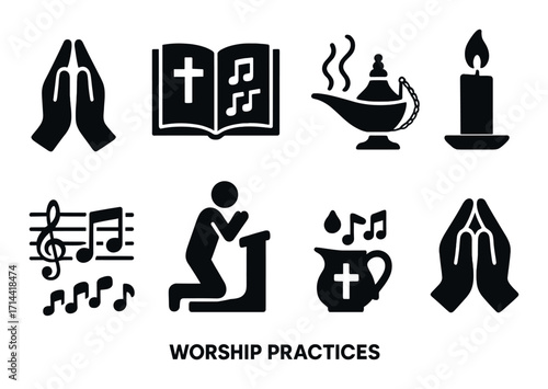 Worship practices silhouette icon set. featuring prayer hands, bible, incense, candle, music notes, kneeling