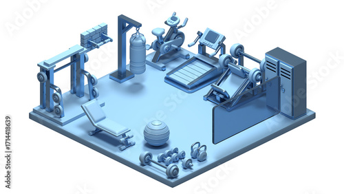 Isometric view of a modern home gym featuring various workout equipment like treadmills, weight machines, and lockers