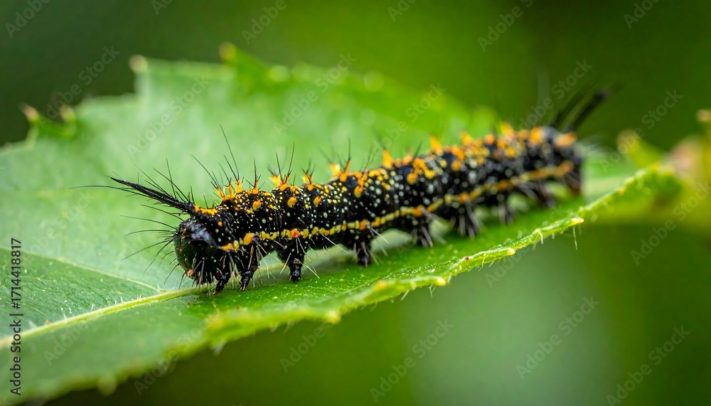Fototapeta premium Close-up of a black and orange caterpillar on a leaf